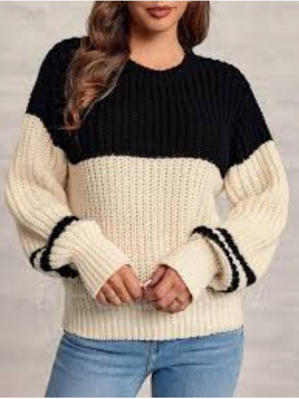 Altar'd State Black & Beige Colorblock Crew Sweater - Picture 2 of 8